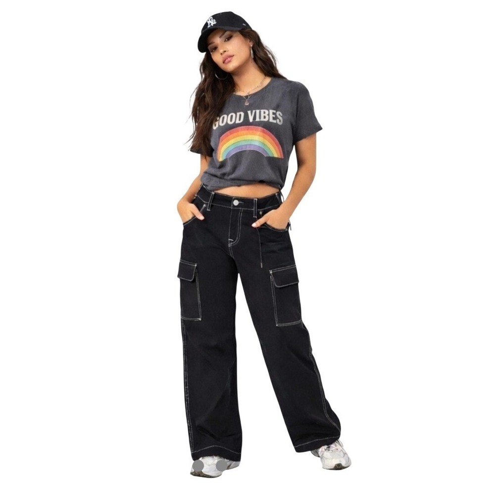 True Religion Womens 25 Blackโ White Contrast Stitch Cargo Wide Leg Pants Y2K